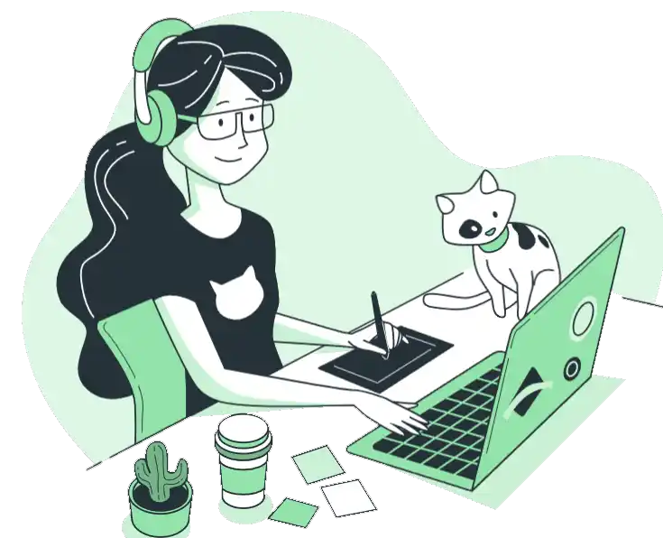 Cartoon Using Laptop and Cat sit with her