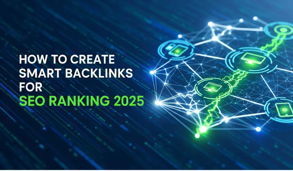 How to Create Smart Backlinks for SEO ranking 2025 illustration showing connected digital networks and computer icons.