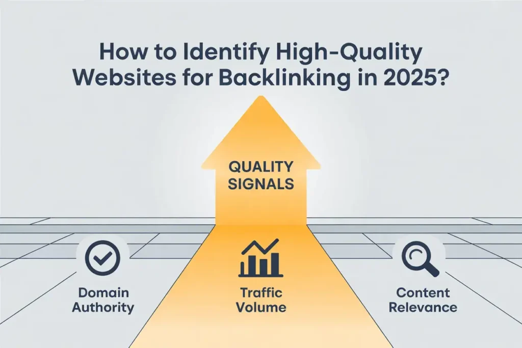 Infographic showing how to identify high-quality websites for backlinking in 2025 with signals like domain authority, traffic volume, and content relevance.