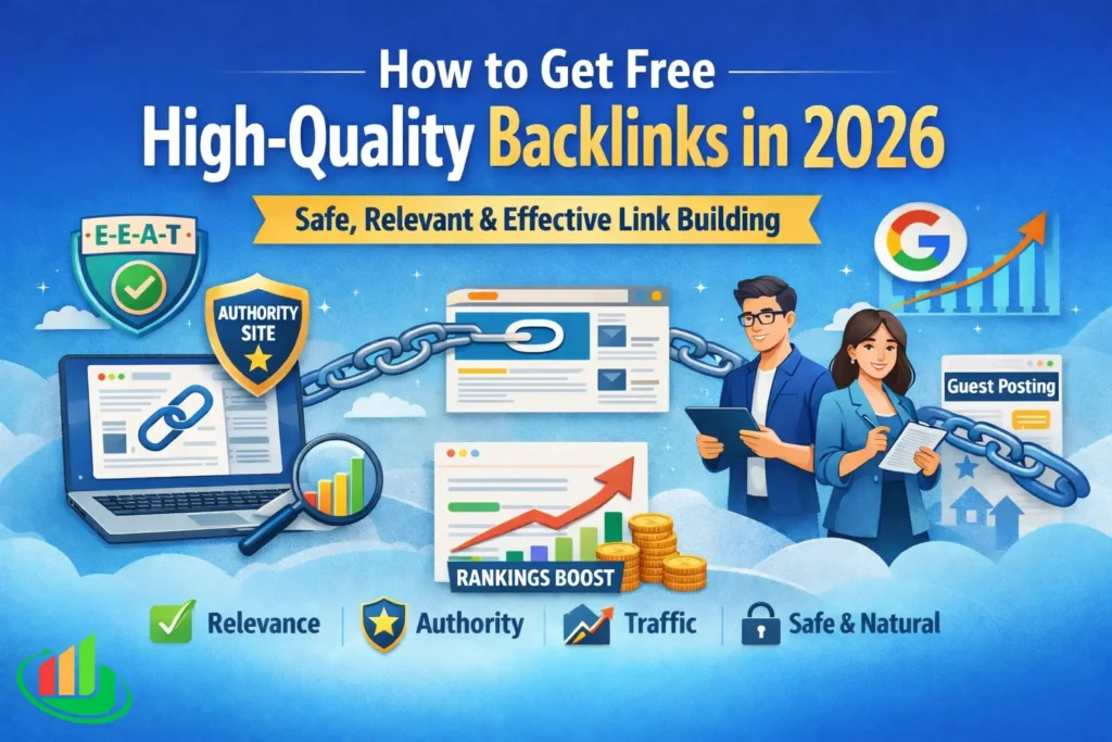 Illustration showing how to get free high-quality backlinks in 2026 with safe, relevant, and effective link building strategies including guest posting, authority sites, and Google ranking growth.