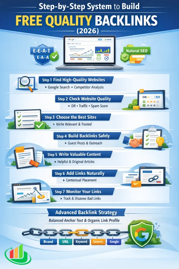 Step-by-step system to build free high-quality backlinks in 2026 including website research, quality analysis, outreach, content creation, and link monitoring
