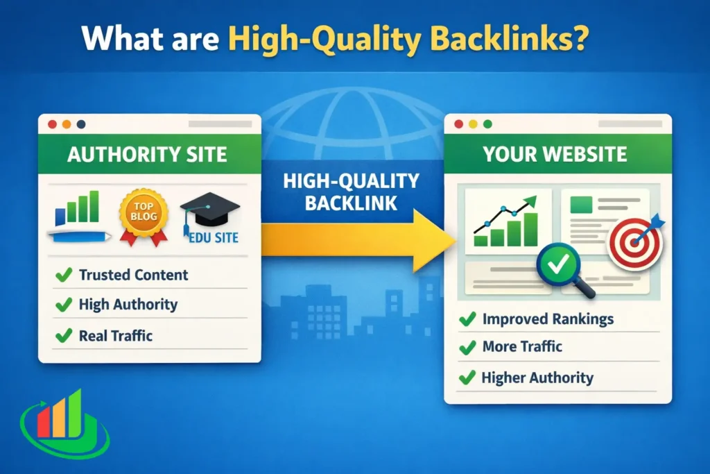 Infographic explaining what high-quality backlinks are, showing the flow from an authority site to a target website for improved rankings and traffic.